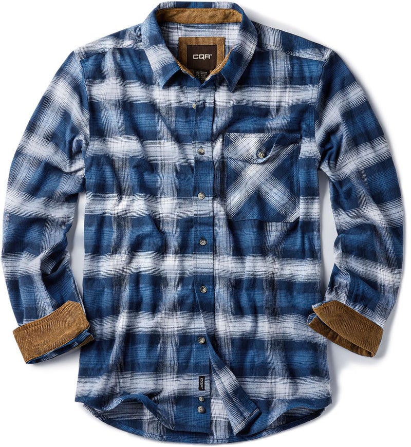 CQR Men's 100% All Cotton Button Down Flannel Shirts, Long Sleeve Brushed Warm Soft Casual Outdoor Plaid Shirt, Plaid Deep Ocean, Large - Image 1